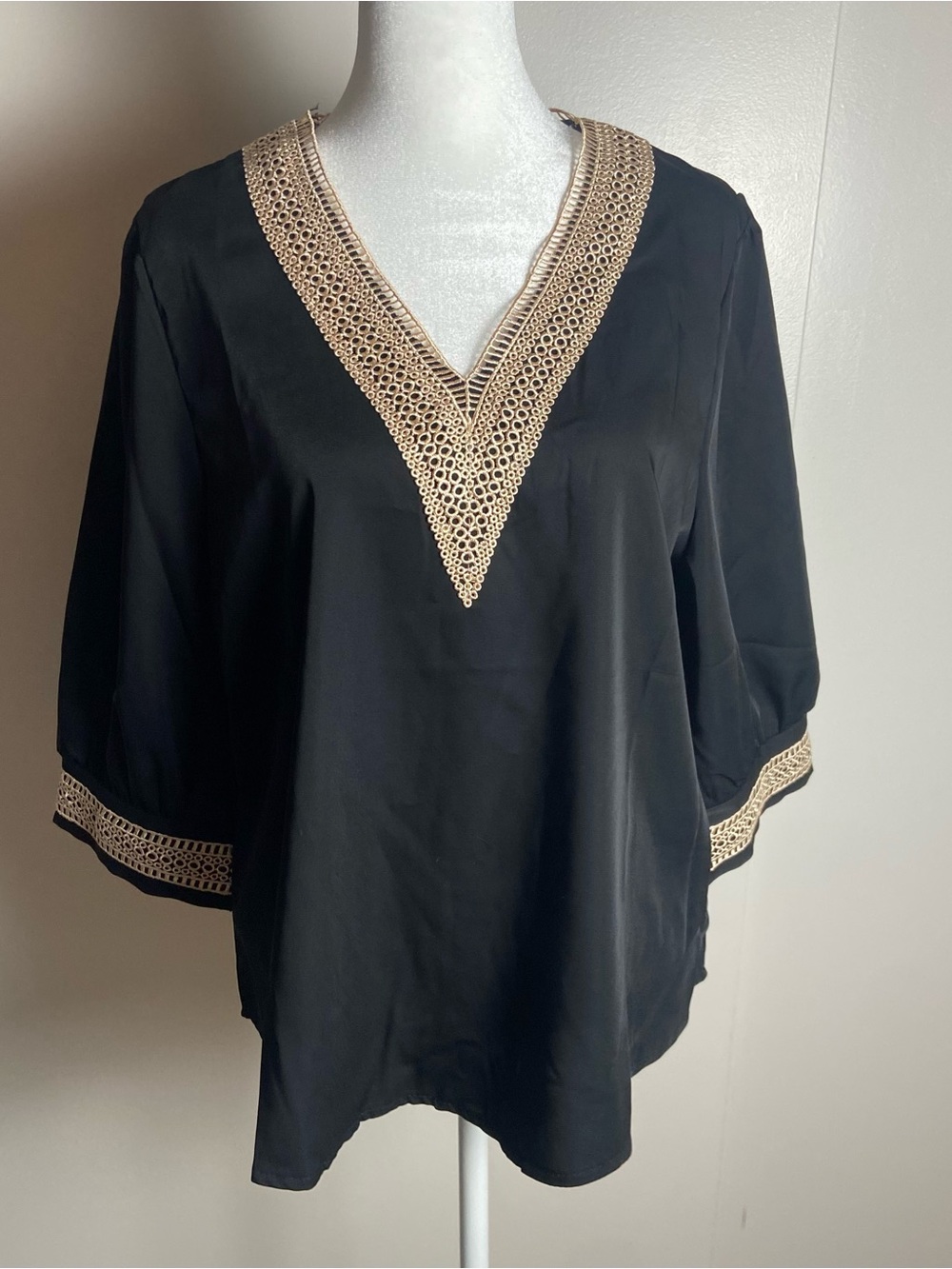 Black V-Neck Tunic Top with Cream Crochet Trim